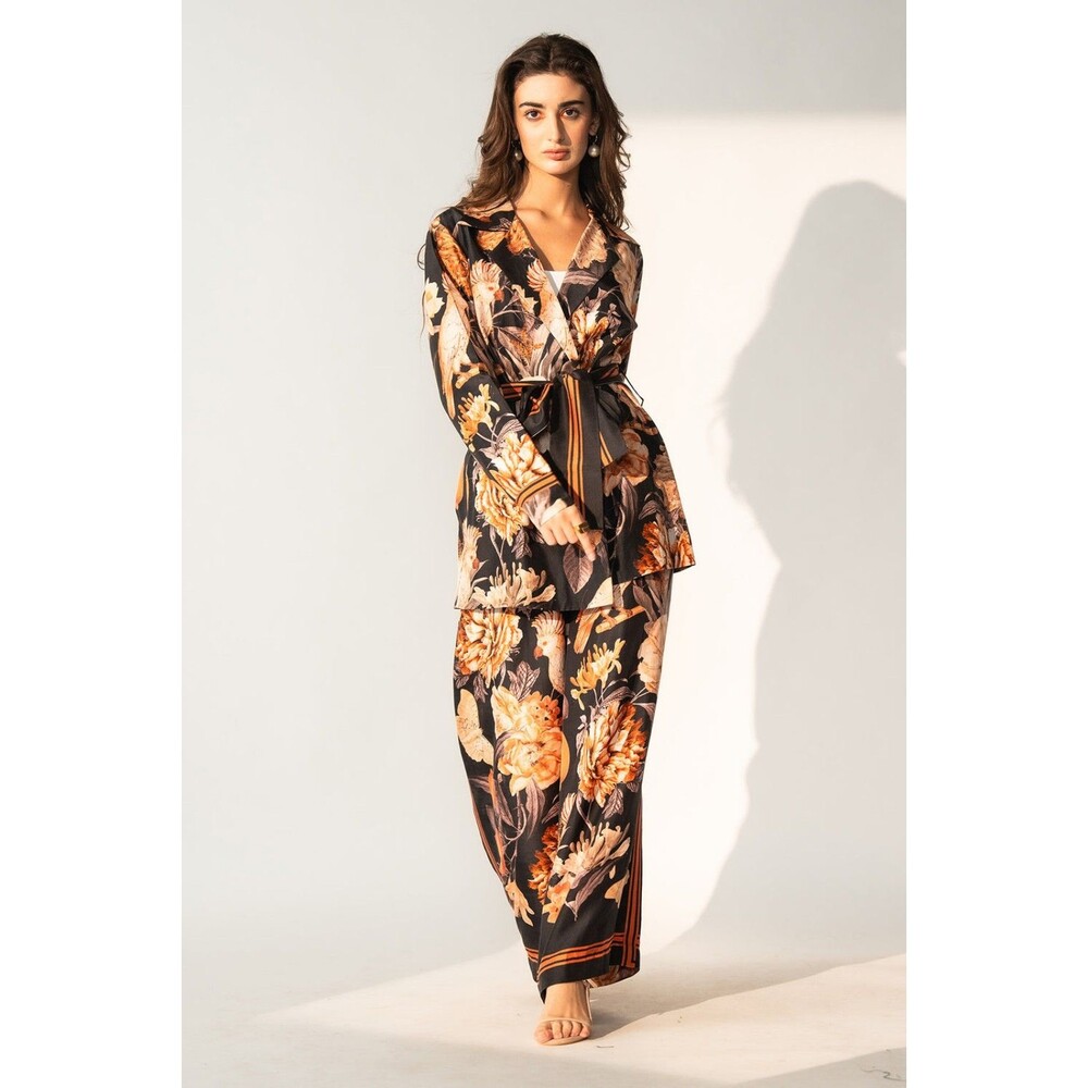 Vintage 1960s Boho Floral 2pc Outfit Tunic Top & Wide Leg Pants sz XS
